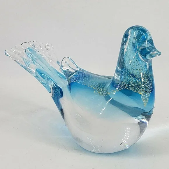 Hand Blown Art Glass Aqua Blue Gold Aventurine Bird Dove Figurine - Picture 4 of 6